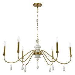 French Country White Wood Brass Iron Candle Chandelier