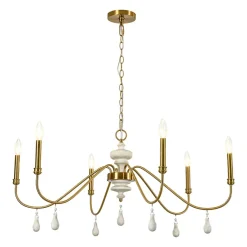French Country White Wood Brass Iron Candle Chandelier