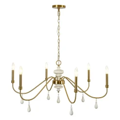 French Country White Wood Brass Iron Candle Chandelier