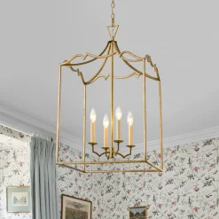 French Distressed Gold Candle Square Lantern Chandelier