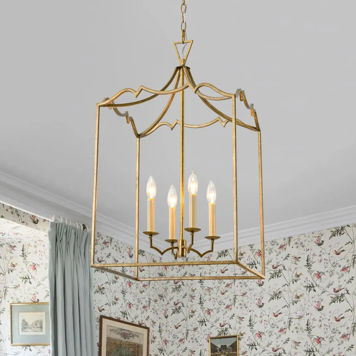 French Distressed Gold Candle Square Lantern Chandelier