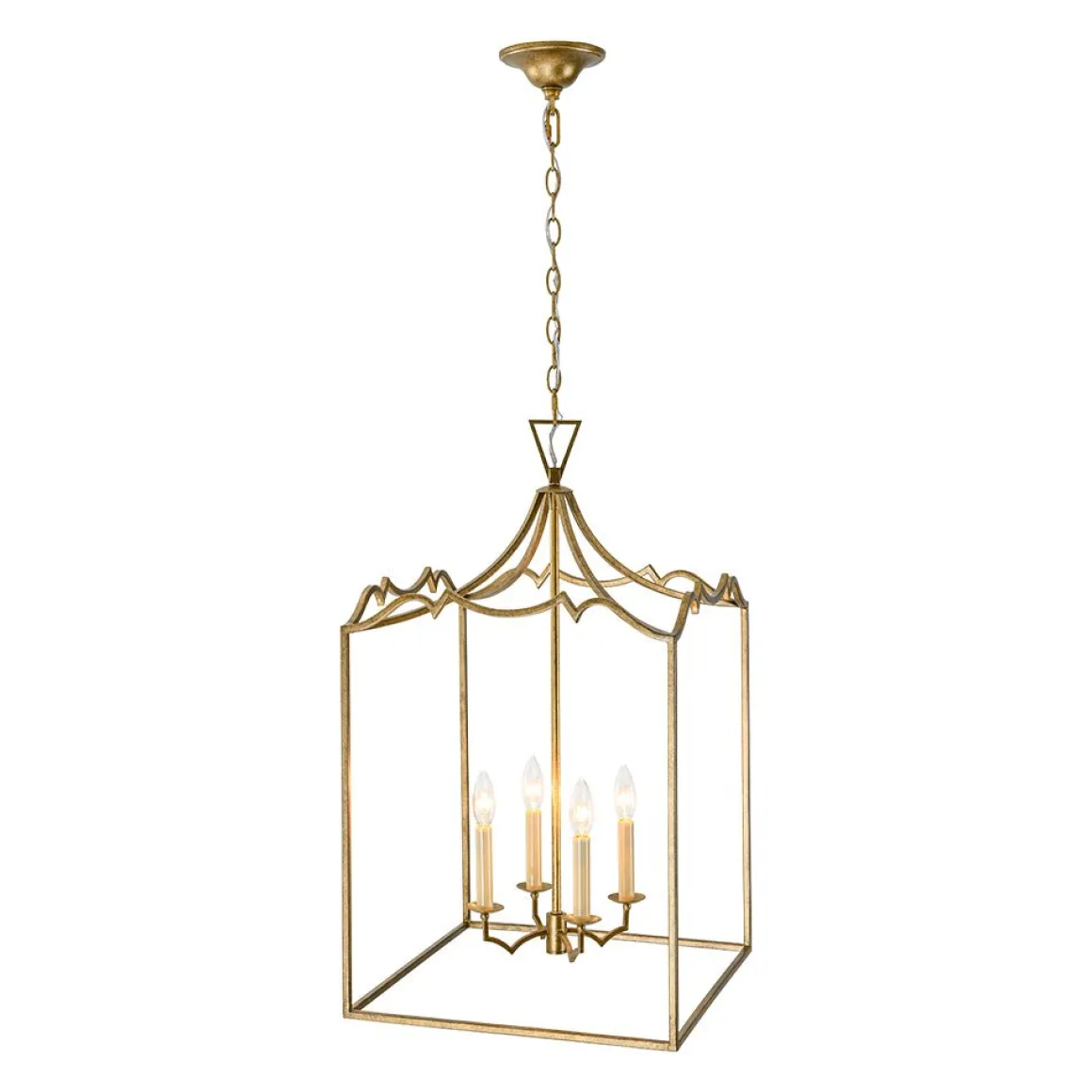 French Distressed Gold Candle Square Lantern Chandelier