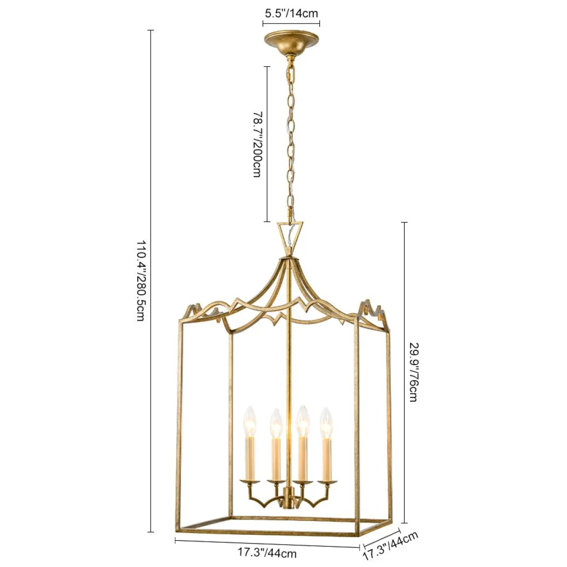 French Distressed Gold Candle Square Lantern Chandelier