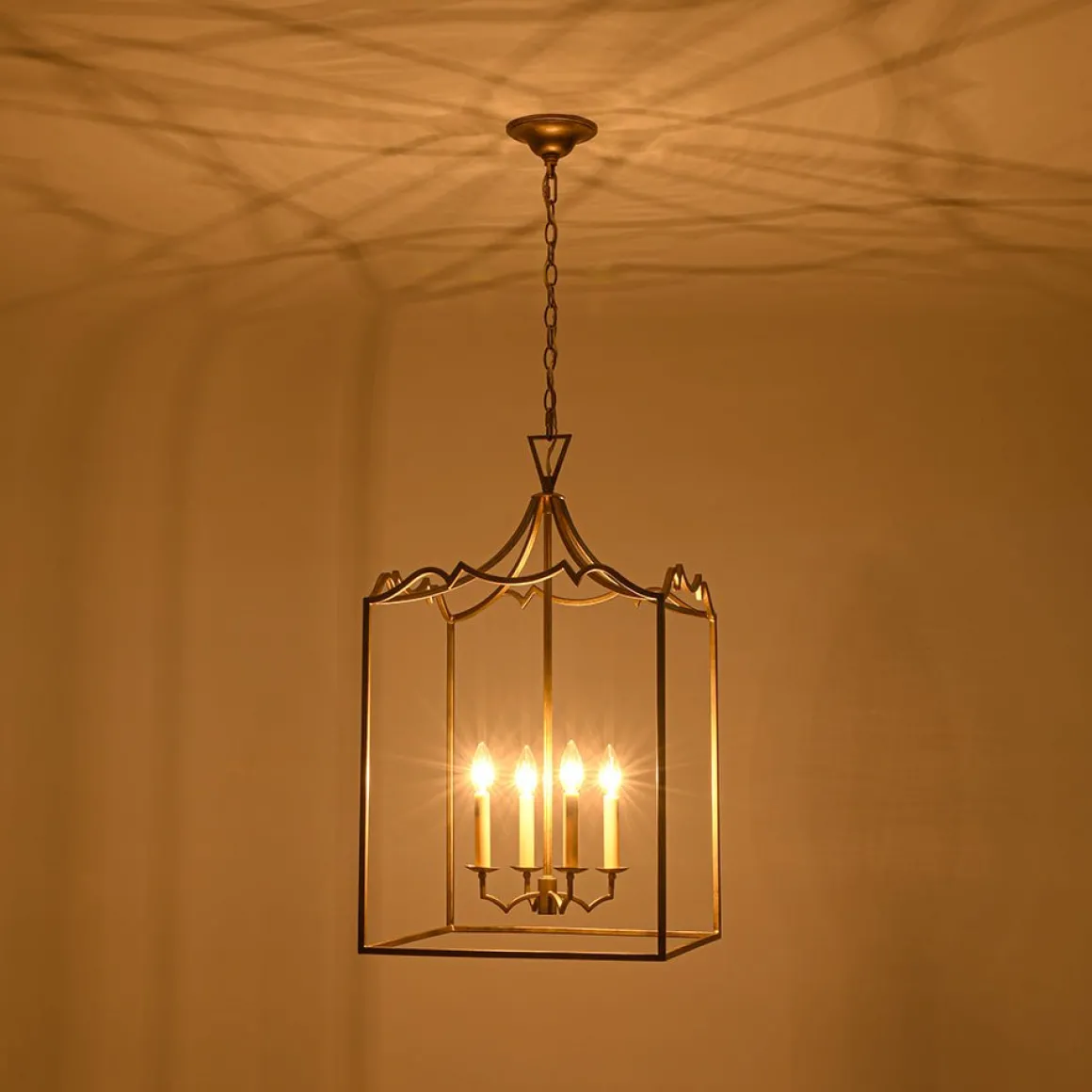 French Distressed Gold Candle Square Lantern Chandelier