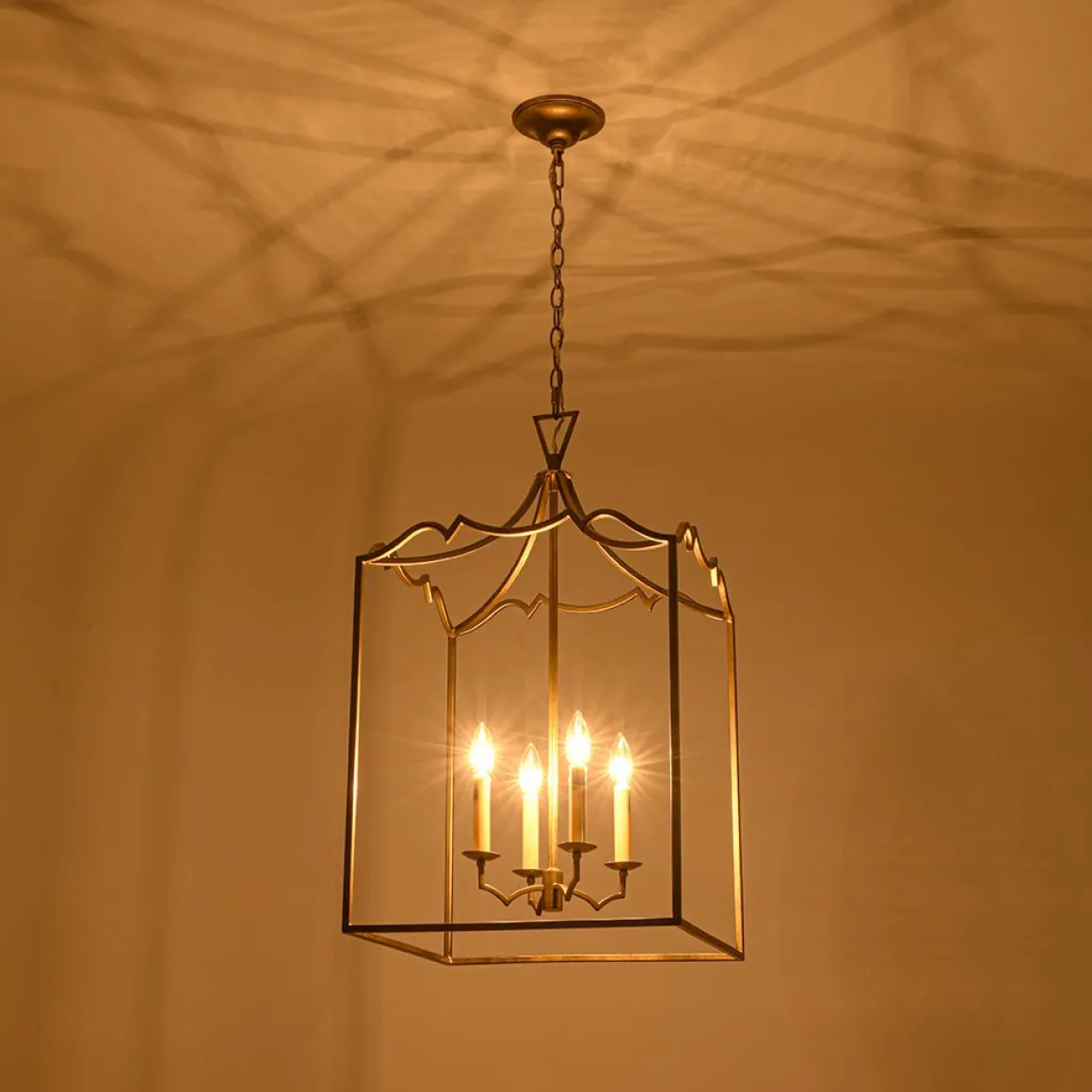 French Distressed Gold Candle Square Lantern Chandelier