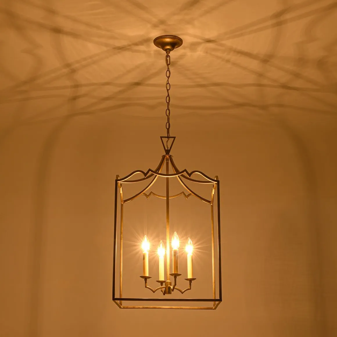 French Distressed Gold Candle Square Lantern Chandelier
