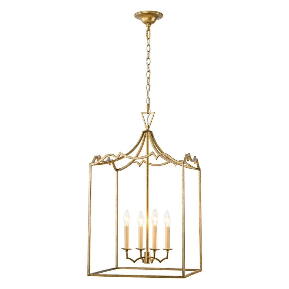 French Distressed Gold Candle Square Lantern Chandelier