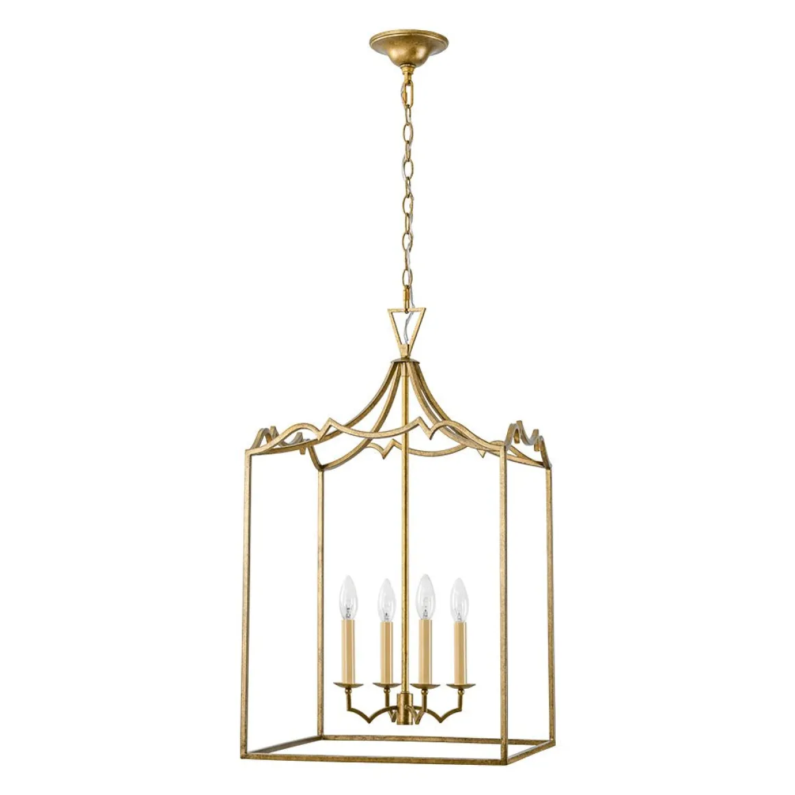 French Distressed Gold Candle Square Lantern Chandelier