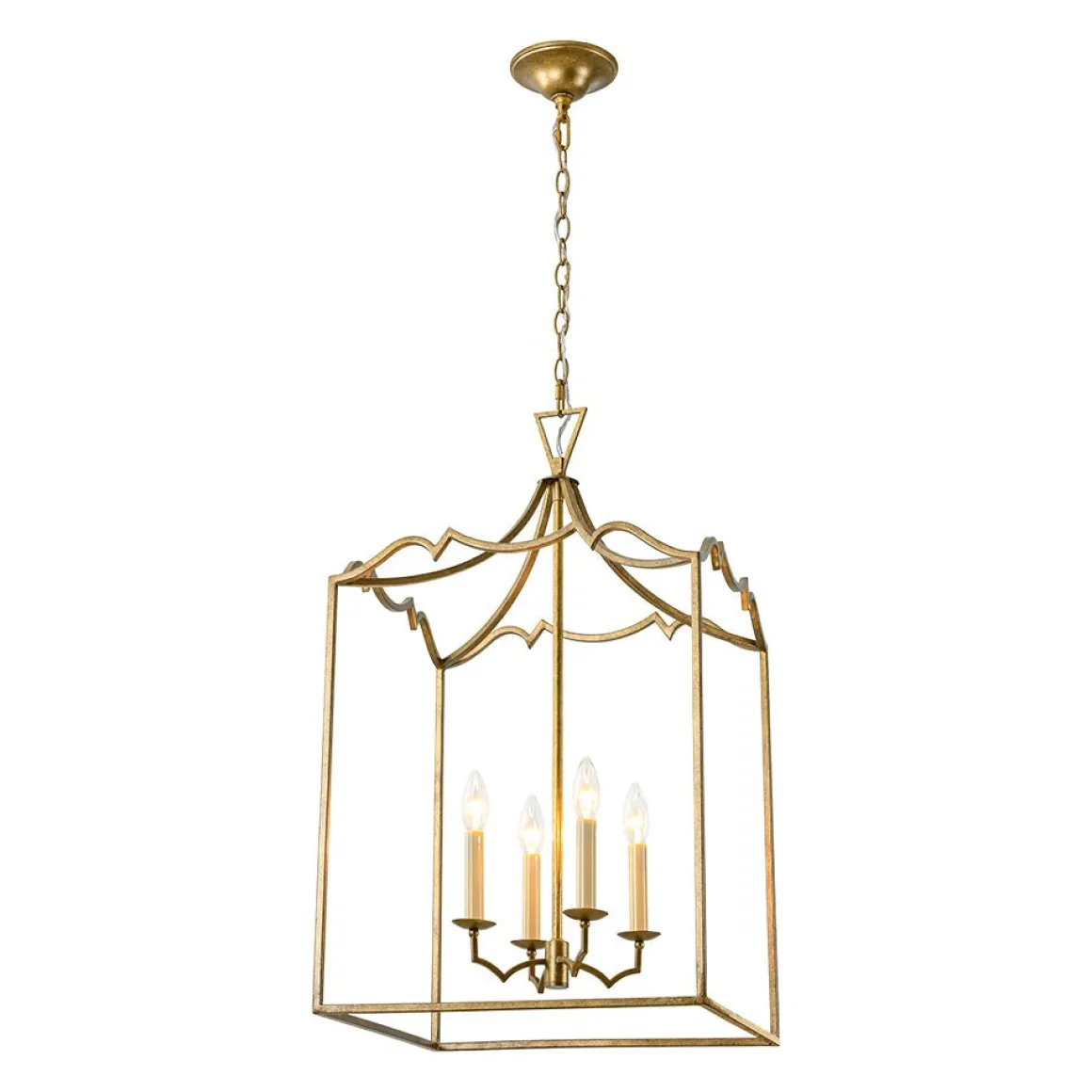 French Distressed Gold Candle Square Lantern Chandelier