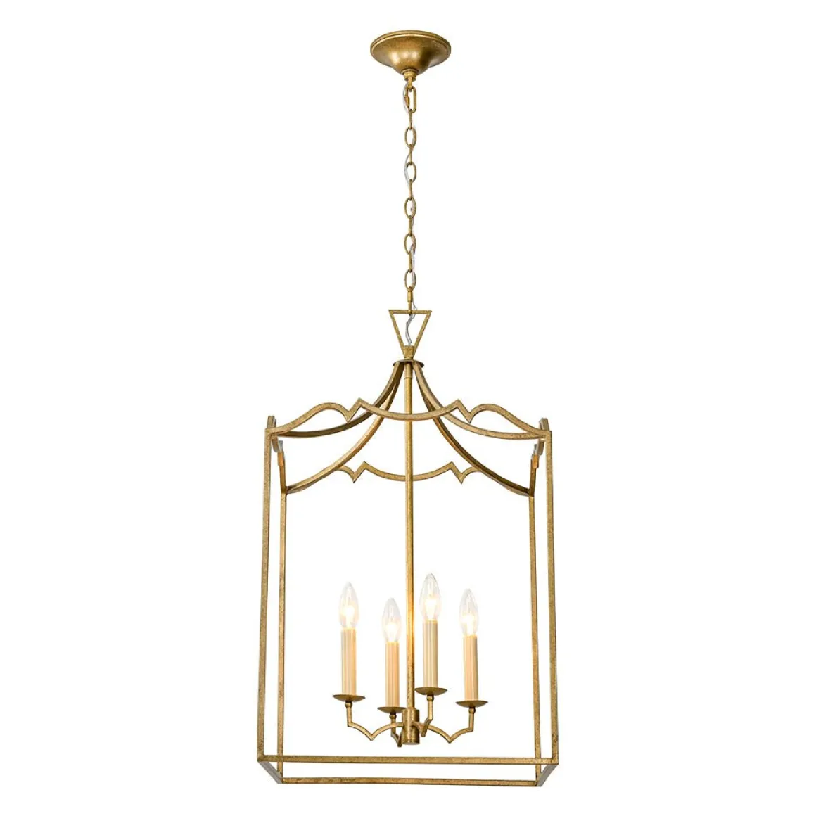 French Distressed Gold Candle Square Lantern Chandelier