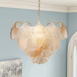 French Gold Layered Ginkgo Leaf Textured Glass Chandelier