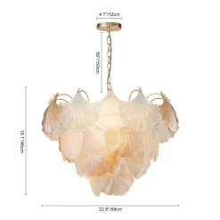 French Gold Layered Ginkgo Leaf Textured Glass Chandelier