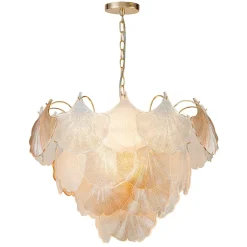 French Gold Layered Ginkgo Leaf Textured Glass Chandelier