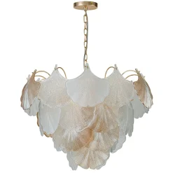 French Gold Layered Ginkgo Leaf Textured Glass Chandelier