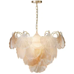 French Gold Layered Ginkgo Leaf Textured Glass Chandelier