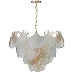French Gold Layered Ginkgo Leaf Textured Glass Chandelier