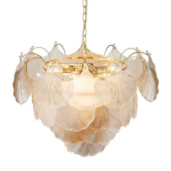 French Gold Layered Ginkgo Leaf Textured Glass Chandelier