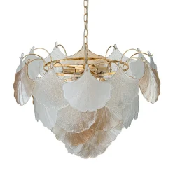 French Gold Layered Ginkgo Leaf Textured Glass Chandelier