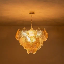 French Gold Layered Ginkgo Leaf Textured Glass Chandelier