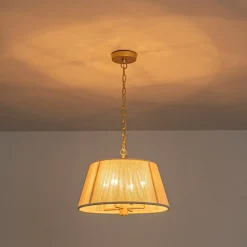 French 4-Light Candle Woven Beige Thread Drum Cage Pendant