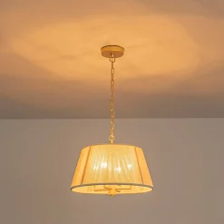 French 4-Light Candle Woven Beige Thread Drum Cage Pendant