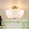 French 3-Light White Clouded Glass Round Semi Flush Mount