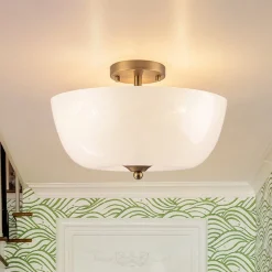 French 3-Light White Clouded Glass Round Semi Flush Mount