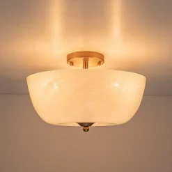 French 3-Light White Clouded Glass Round Semi Flush Mount
