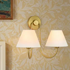 French 2-Light White Linen Conical Vanity Wall Lamp