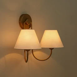 French 2-Light White Linen Conical Vanity Wall Lamp