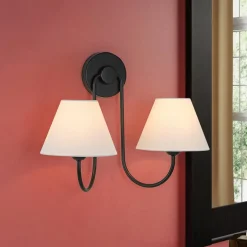 French 2-Light White Linen Conical Vanity Wall Lamp