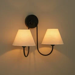 French 2-Light White Linen Conical Vanity Wall Lamp