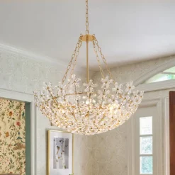 French Luxe Brass Bloom Crystal Floral Basket Chandelier