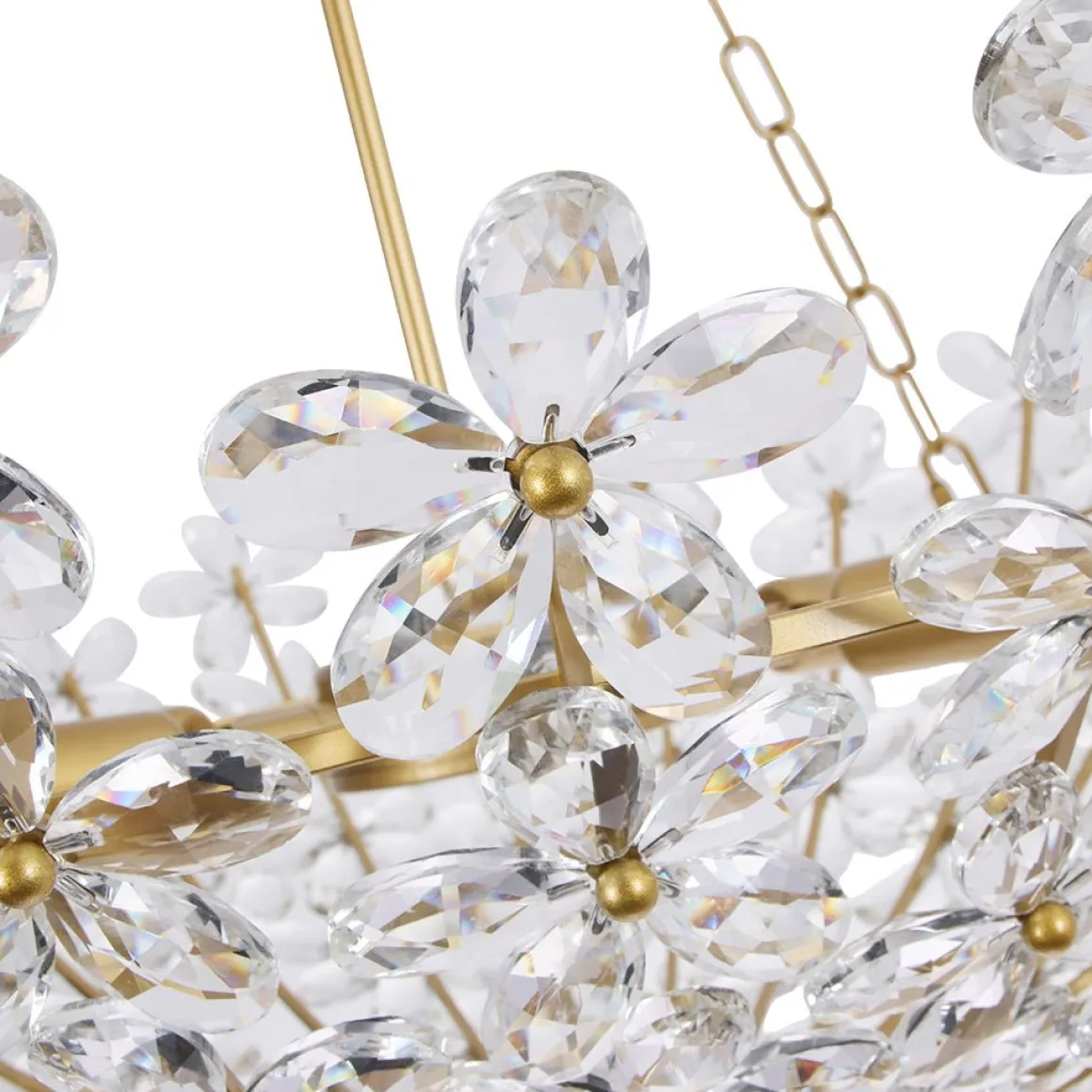 French Luxe Brass Bloom Crystal Floral Basket Chandelier