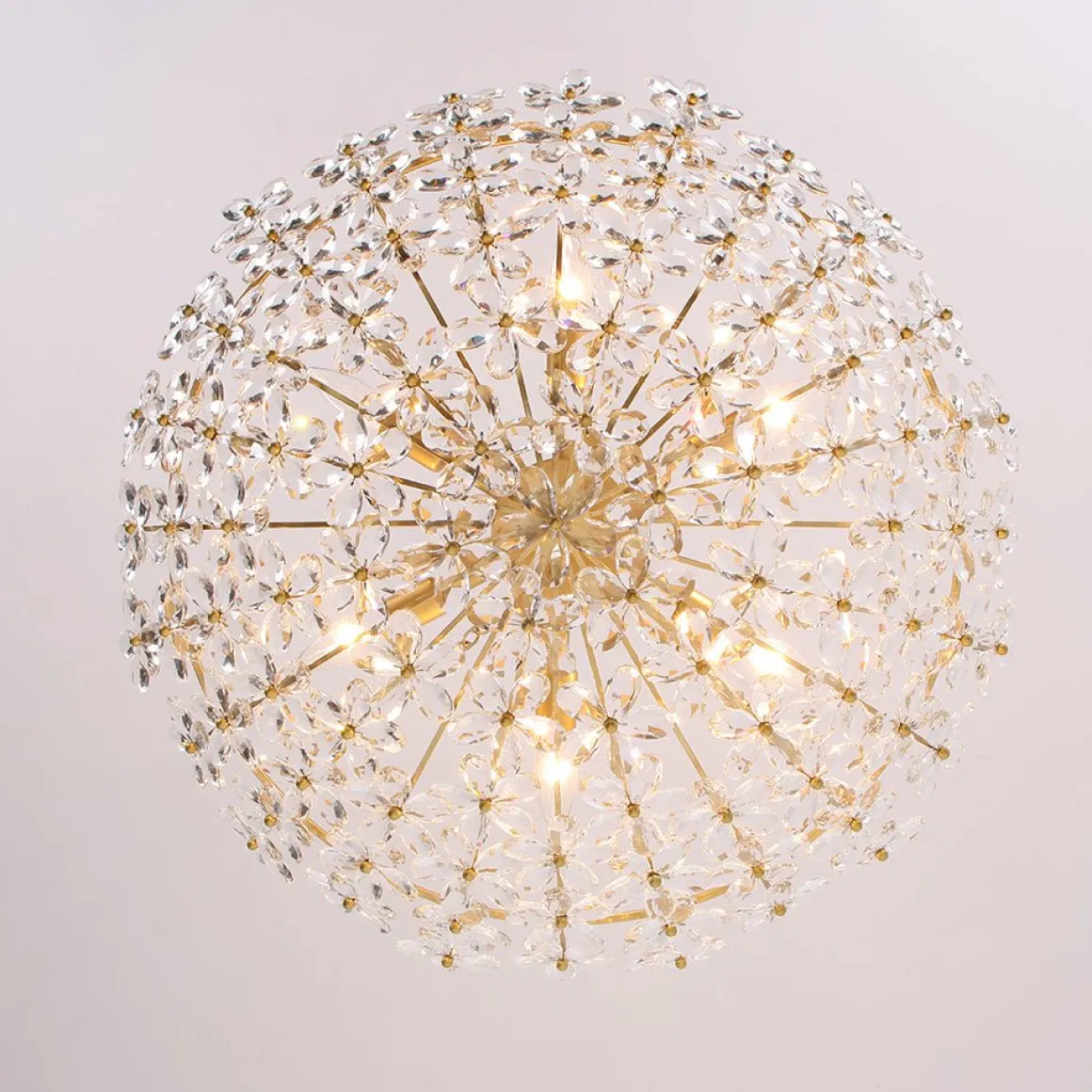French Luxe Brass Bloom Crystal Floral Basket Chandelier