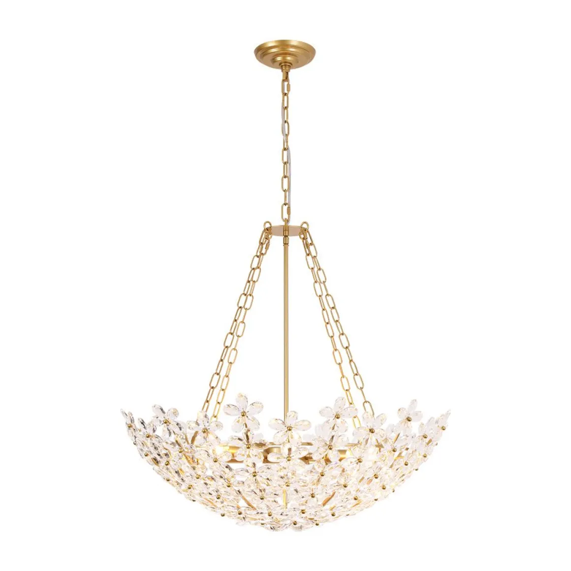 French Luxe Brass Bloom Crystal Floral Basket Chandelier