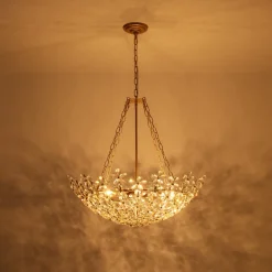 French Luxe Brass Bloom Crystal Floral Basket Chandelier
