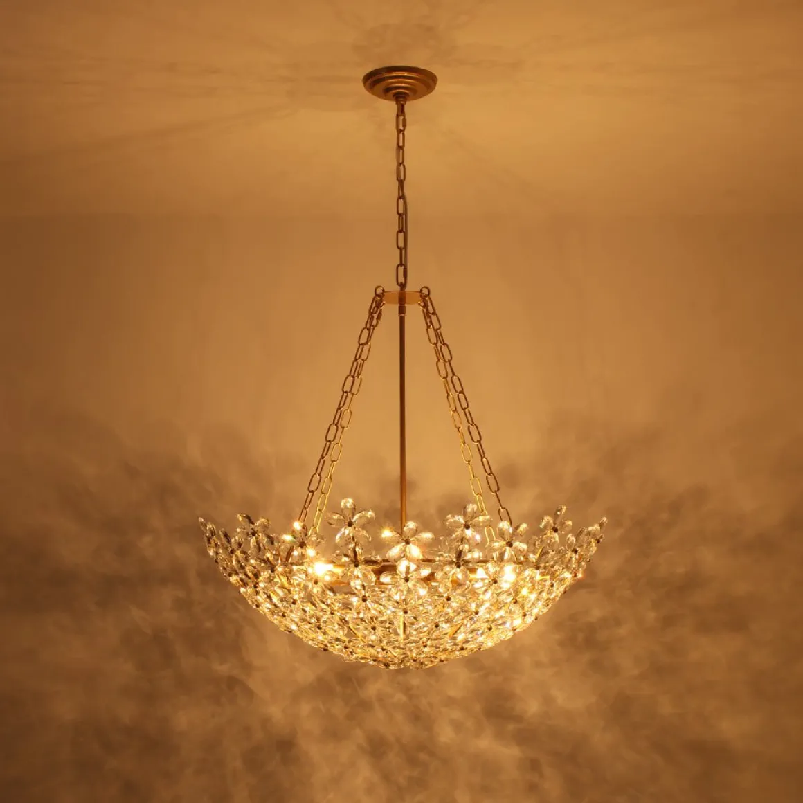 French Luxe Brass Bloom Crystal Floral Basket Chandelier