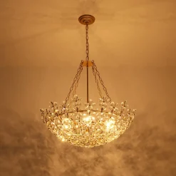 French Luxe Brass Bloom Crystal Floral Basket Chandelier
