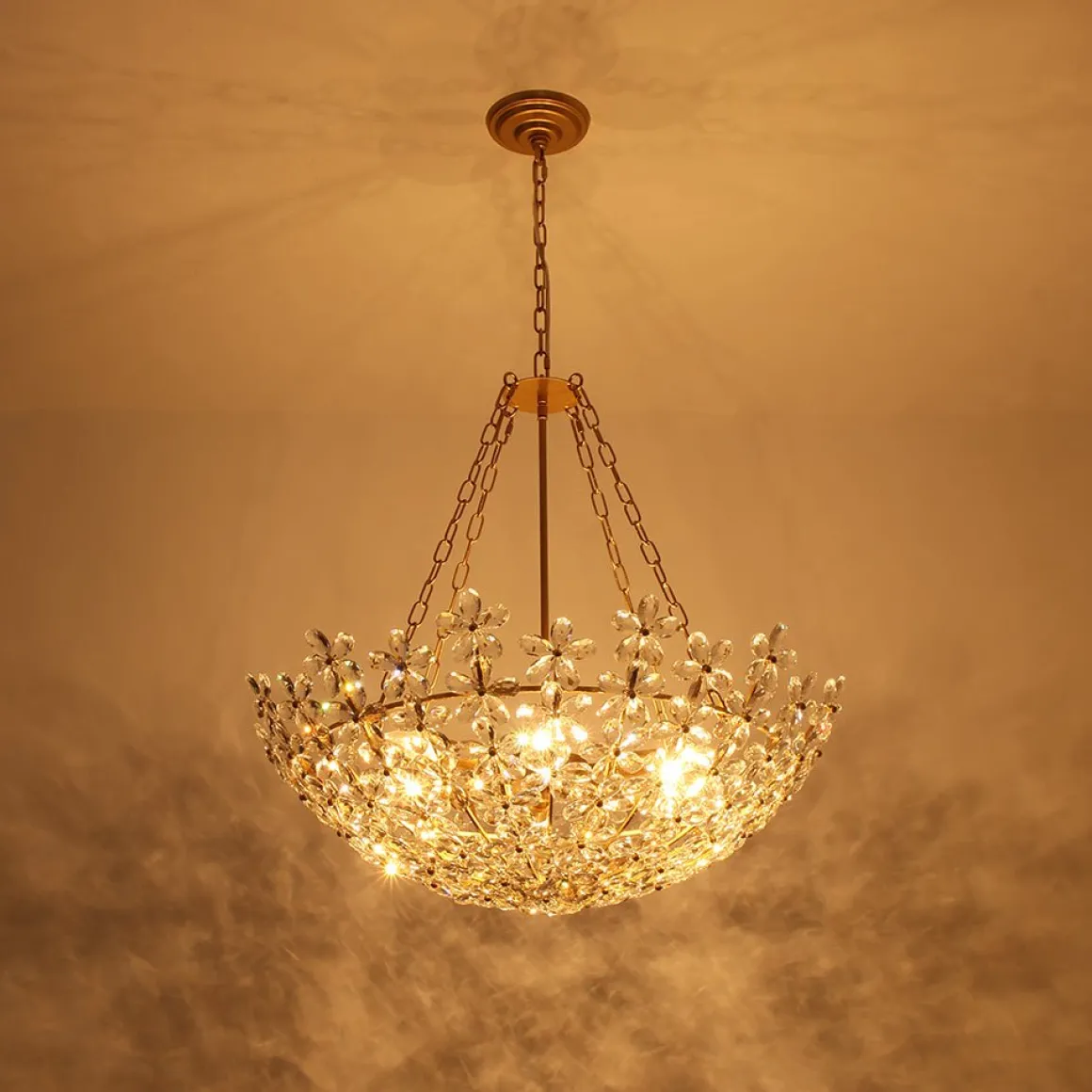 French Luxe Brass Bloom Crystal Floral Basket Chandelier