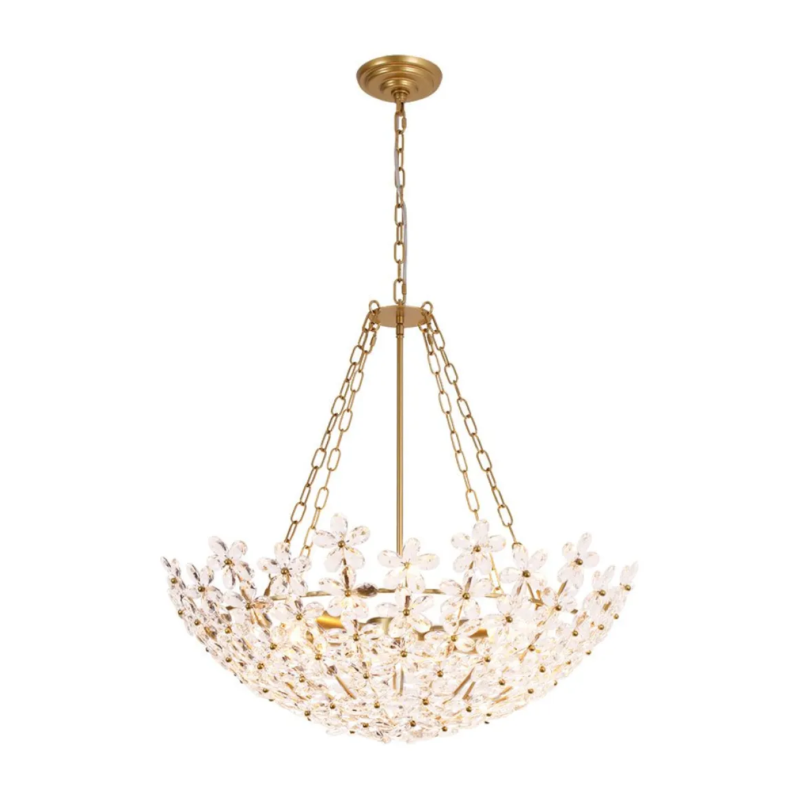 French Luxe Brass Bloom Crystal Floral Basket Chandelier