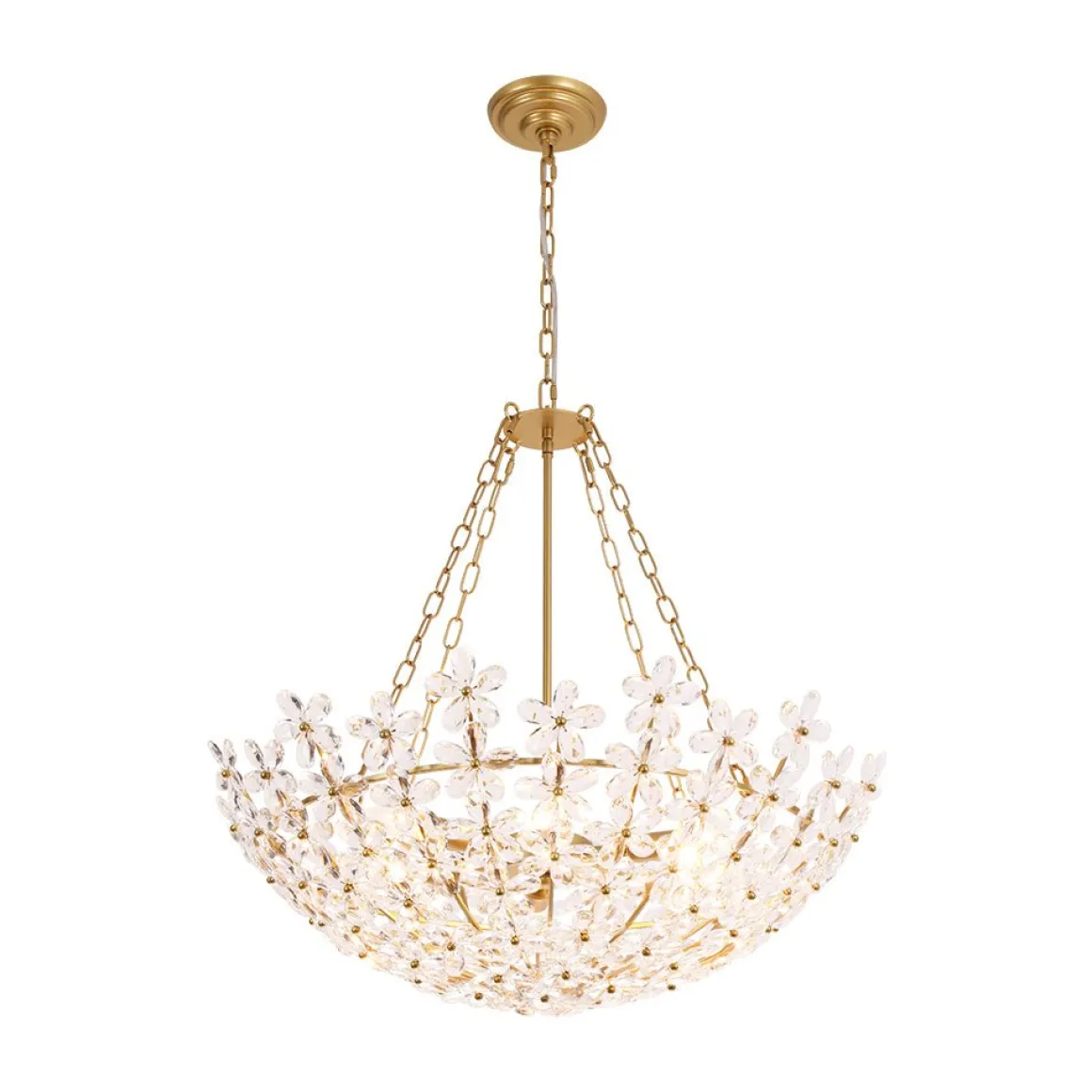 French Luxe Brass Bloom Crystal Floral Basket Chandelier