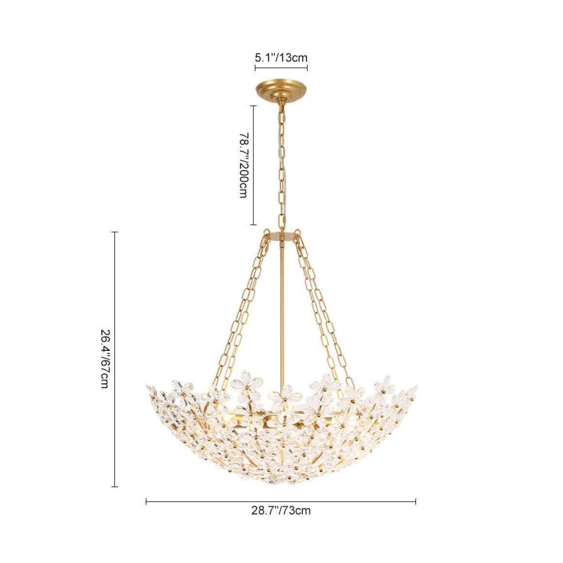 French Luxe Brass Bloom Crystal Floral Basket Chandelier