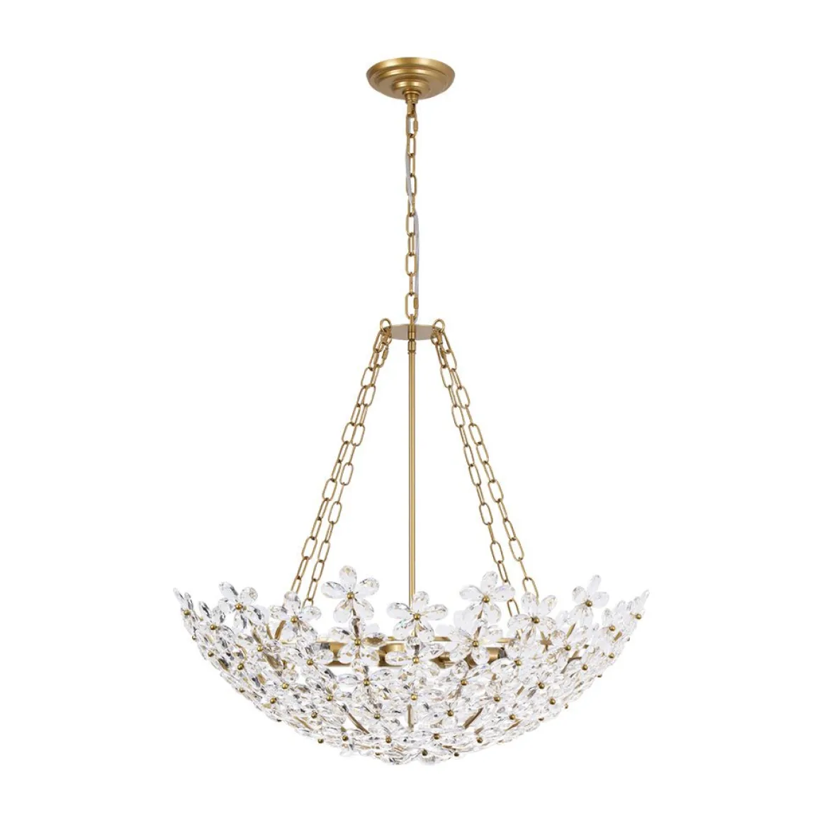 French Luxe Brass Bloom Crystal Floral Basket Chandelier