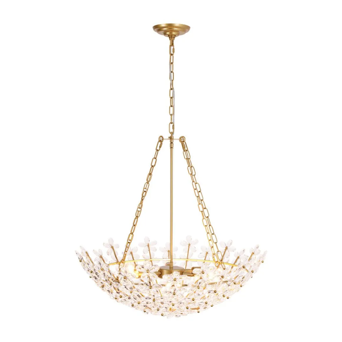French Luxe Brass Bloom Crystal Floral Basket Chandelier