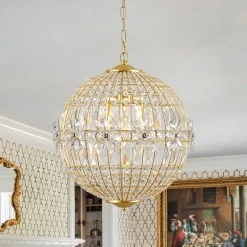 French Luxury Brass Floral Crystal Globe Chandelier