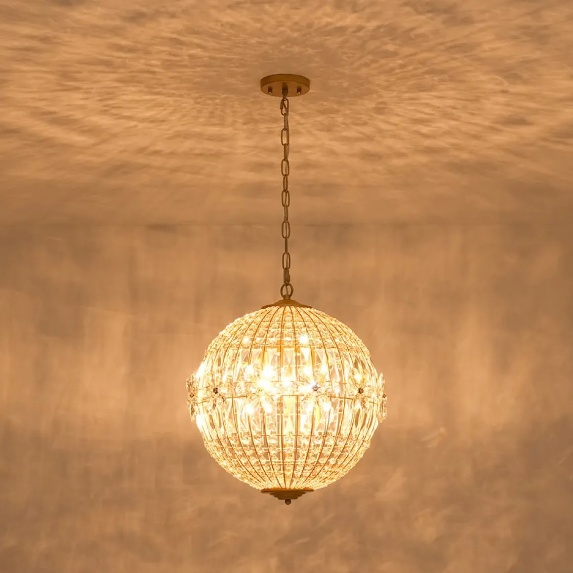 French Luxury Brass Floral Crystal Globe Chandelier