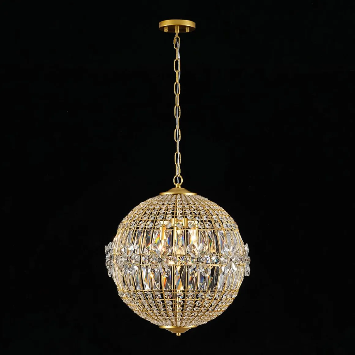 French Luxury Brass Floral Crystal Globe Chandelier
