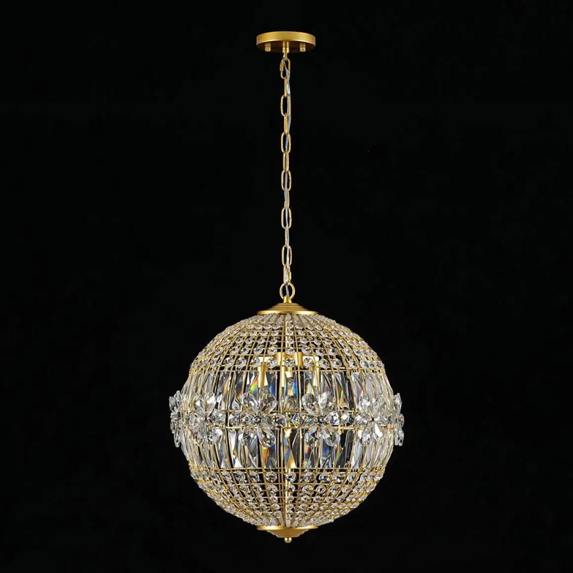 French Luxury Brass Floral Crystal Globe Chandelier