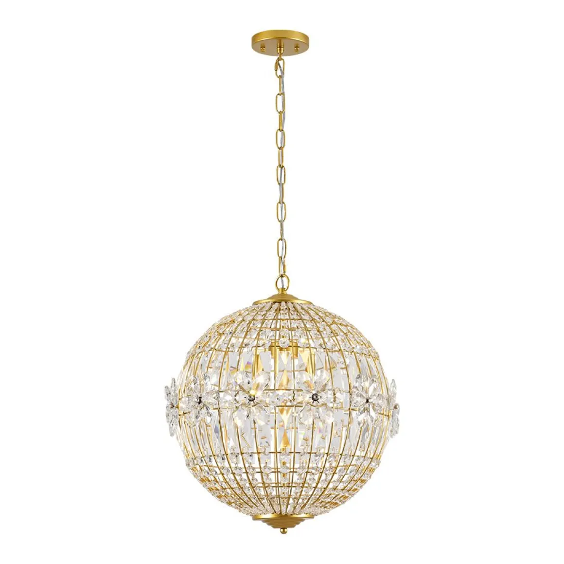 French Luxury Brass Floral Crystal Globe Chandelier